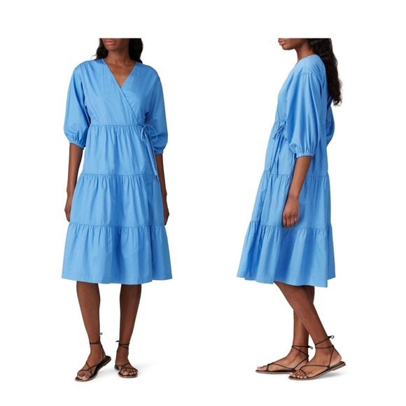 Sweet Baby Jamie Blue Tiered Midi Wrap Dress Cotton Puff Sleeve Medium - Picture 1 of 10